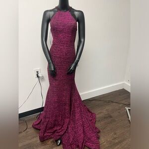 Jovani Size 8 Berry High Neck Open Back  Sparkle Long Dress With Train NWT